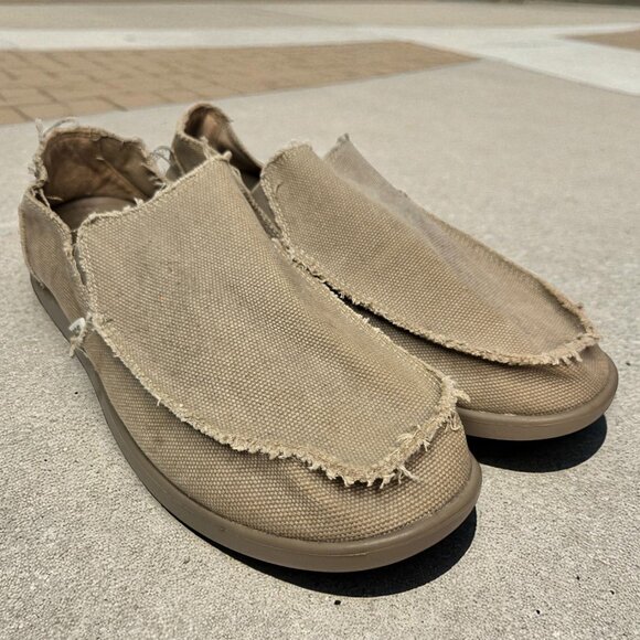 Crocs Slip On Loafers Men's Boho Style Tan Canvas Frayed Seams Beach Lounge 13 - Picture 1 of 9